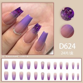 Handmade Purple Nail Tip, 3D Nail Art, False Nail Design, 24 Pieces, Popular, Cute, Simple, Fashion