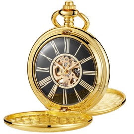 Tiong Men's Mechanical Pocket Watch Black + Brown + Silver Fob Chain Roman Digital Steampunk Pocket Watch for Men .., mpw136-uk, Antique