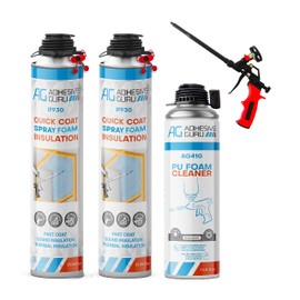 Adhesive Guru Spray Foam Insulation Kit (2 x 32.80 oz), Polyurethane Self-Expanding Spray Adhesive Foam, Closed Cell Heat Insulation Foam and Acustic Spray with Foam Cleaner and Dispensing Gun