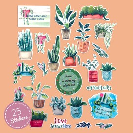Navy Peony Calming Houseplant Stickers (Pack of 25) - Durable, Cute, Waterproof | Indoor Botanical Stickers for Craft Projects, Journals, Scrapbooks