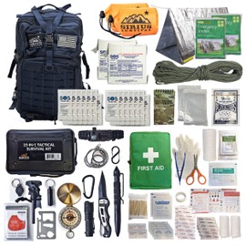Sirius: Bug Out Bag Starter Kit - 72 Hour Kit for 1 Person – Backpack Survival Kit – 50L Tactical Backpack, US Made Food & Water, Medical Supplies & Survival Tools (Navy, 2 Person)