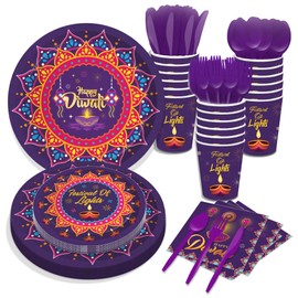 CC HOME Indian Diwali Party Supplies Serves 16, Deepavali Party Plates Napkins Cups Party Decoration for Happy Diwali Hindu Fiesta Adults Kids Birthday Baby Shower Wedding Garden Party Tableware