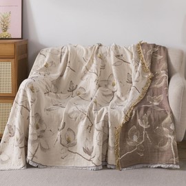 Lemfux 4-Layer 100% Cotton Muslin Cooling Blanket, Boho Floral Gauze Throw with Fringe, Ultra Soft Breathable Lightweight Bedspread Coverlet for Bed Sofa Couch