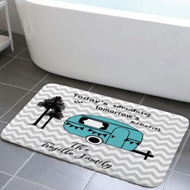 Camper RV Bath Mat, Morden Trailer Travel with Tree Gray Grey White Stripes Camping Non-Slip Flannel Soft Doormat Floor Entryways Outdoor Indoor Front Door Mat, 17X29