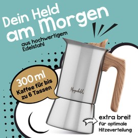 Morgenheld Espresso Maker Stainless Steel with Reducing Strainer - Choice of 3-6 Cups (300 ml) - Suitable for Induction Cookers - Mocha Pot with Dishwasher Safe Insert