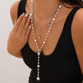 Vpanda Pearl Necklaces for Women, Dainty Gold Necklace 14K Gold Plated Long Lariat Y Necklace Layered Sun Moon Pendant Necklace Cuban Chain Pearl Drop Necklaces Minimalist Jewelry for Women, Silver