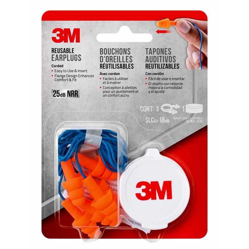 3M Corded Reusable Earplugs, 3 Pack, Noise Reduction Rating (NRR)