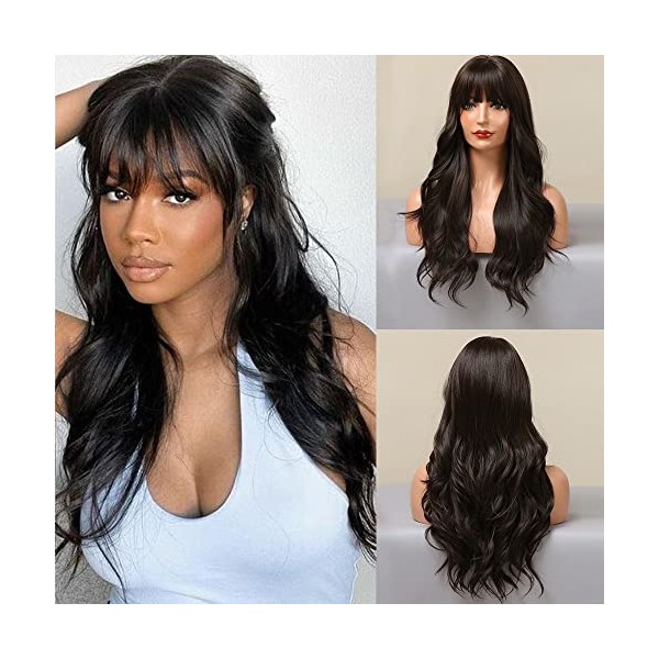 EMMOR Dark Brown Wigs for Women Long Curly Wigs With Bangs Water Wavy Synthetic Wig, Party Cosplay Daily Use