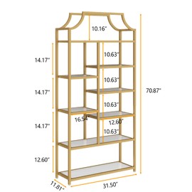 Loomie 8-Open Shelf Bookshelf, 70.87" H x 31.5" L Lux Etagere, Tempered Glass Bookcase, Tall Storage Display Modern Open Book Case for Bedroom, Home Office & Living Room, Gold Finish & Glass Shelving