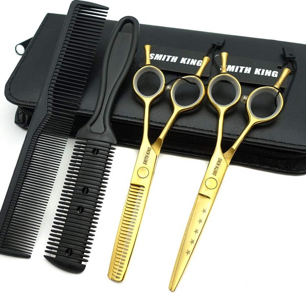 5.5 Inches Hair Cutting Scissors Set with comb Lether Scissors Case,Hair Cutting Shears Hair Thinning Shears for right-handed & left-handed(with Thinning-comb set, Gold)