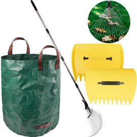 Leaf Collector Garden Rake Set - Adjustable 18 Tines Leaf Rakes & Leaf Picker Upper & 72 Gallon Lawn Waste Bag, Heavy Duty Collect Rake, Hand Leaf Scoop, Brown Paper Dumpster, Yard Gardening Tool