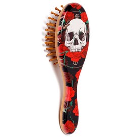 Wooden Hair Brush "Head of Roses" - Bamboo Brush with Skull and Roses - Motif 1 - Length 17 cm - Skull Hairdresser Bathroom Decoration Hair Accessory