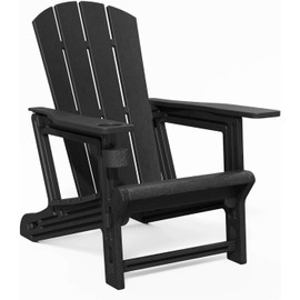 Trygoal Adirondack Chair, Outdoor Weather Resistant Lawn Furniture, Plastic Adirondack Chair with Cup Holder, 400 LBS Capacity Recliner, Garden Backyard Patio Without Screws Install, Black