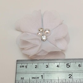 Chenkou Craft Pack of 12pcs Chiffon Flowers Ribbon Bows W/Beads 2-3/8" (60mm) Appliques Wedding Decor Bulk Lots (White)