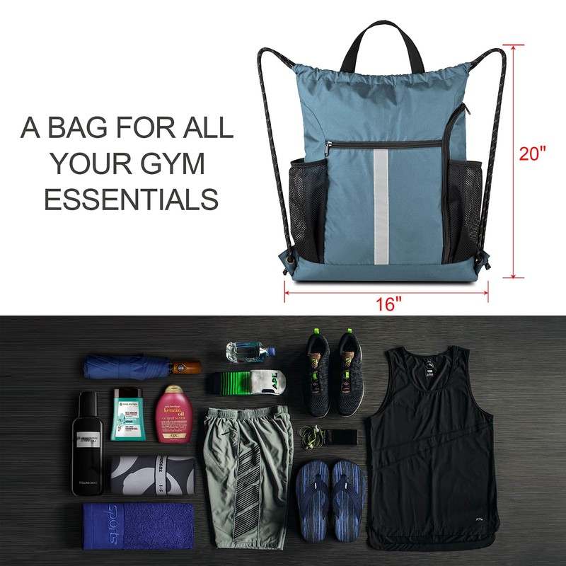 BeeGreen Blue Sport Cinch Bag String Backpack with Shoe Compartment