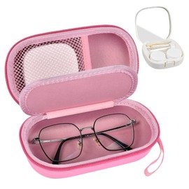 GWCASE Portable 2 in 1 Contact Lens Case and Glasses Case, Traveling Cases Bag Box Holder with Soak Storage Kit Included Built-in Mirror, Tweezer, Contact Lens Solution Bottle and Hand Strap-Pink