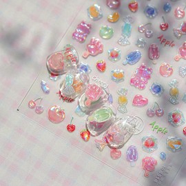 Candy Nail Stickers Ice Cream Nail Art Decals Colorful Nail Sticker for Nails Art Jelly with Design 5D Embossed Self Adhesive Cherry Strawberry Nails Supply Charms for Women Girls Manicure Decoration