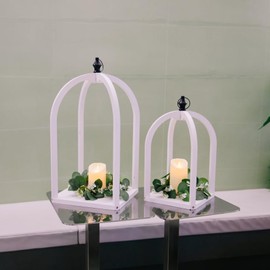 HPC Decor 2 Pack Wood Decorative Lanterns- Decorative Candle Lanterns with Wreath & LED String- Vintage Rustic Farmhouse Lantern Centerpieces for Wedding, Party, Home Decor(Distressed White)