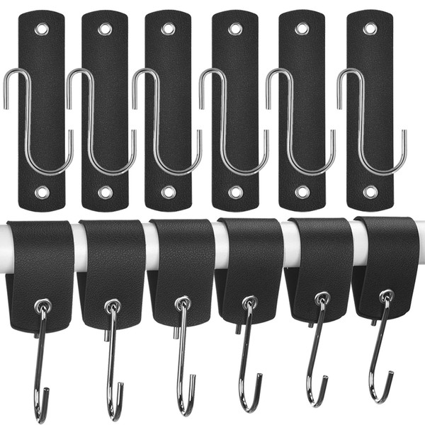 GGXZHT S Hooks Black with Leather Loop, Pack of 6,