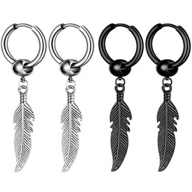 Kawailay 2 Pairs Feather Huggie Hoop Earrings Gothic Feather Earrings Studs Punk Rock Hip Hop Dangle Drop Earrings for Men Women - Silver and Black Style 1