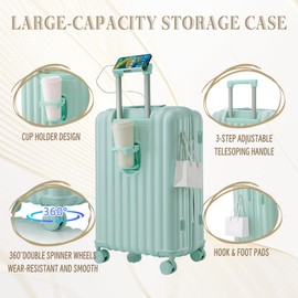 espidoo ABS Spinner Wheel Luggage: 20/24/28 Inch Carry On Suitcase with USB Port & Cup Holder - 360° Silent Wheels & Retractable Handle for Travel - Mint Green Durable Waterproof Hard Shell