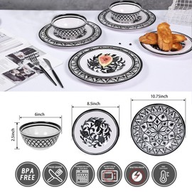Lechoo Melamine Dinnerware Sets-12pcs Melamine Plates and Bowls Set, Unbreakable, Dishwasher Safe, Indoor Outdoor Use, Ideals for Parties, Camping Dish Set, Black and White Pattern