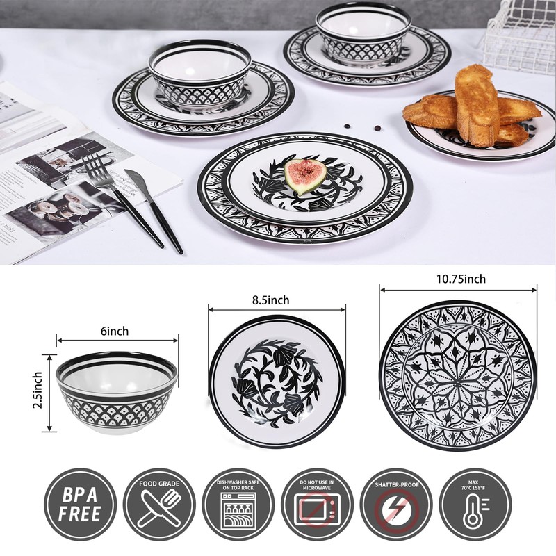 Lechoo Melamine Dinnerware Sets-12pcs Melamine Plates and Bowls Set, Unbreakable,