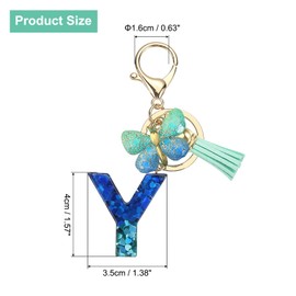 sourcing map Initial Letter Keychains, Resin Cute Butterfly Tassel Pendant Accessory for Women, Alphabet Key Ring for Purse Handbags Backpack, Teal-Y