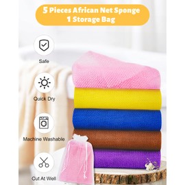 African Exfoliating Net, 5 Pieces African Net Sponge, Nylon African Bathing Sponge Net, Shower Body Scrubber Back Scrubber with a Storage Bag
