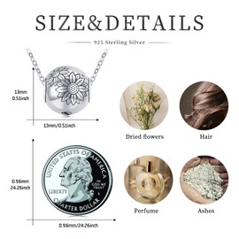 TwoAnts Sunflower Cremation Jewelry for Ashes 925 Sterling Silver Spherical Urn Necklace Memory Keepsake Jewelry Gift for Women Men