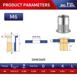SG TZH 60Pcs Rivet Nut M6 Stainless Steel 304 Flat Head Rivnut Threaded Insert Nutsert Rivet Nut, Knurled Body