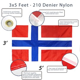 Anley EverStrong Series Embroidered Norway Flag 3x5 Ft - Embroidery & Heavy Duty Canvas Header - 4 Rows of Lock Stitching - Nylon Norwegian Nordmann National Flag with Brass Grommets 3 X 5 Ft