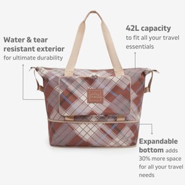 Travel Duffle Bag, Sport Gym Bag, Tote Bag, Trolly Sleeve, Waterproof, Expandable Space, Lightweight, Airline Friendly, for Women (Brown Plaid)