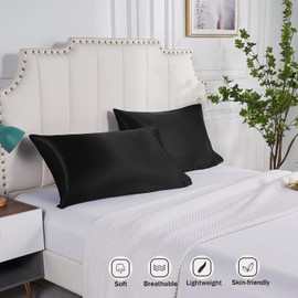 DuShow 2 Pack Silk Satin Pillowcases for Hair and Skin, Solid Silky Standard Pillow Cases with Envelope Closure,Black 50x76 cm