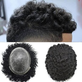 Afro Toupee For Black Men Kinky Curly Brazilian Human Hair Piece African American Afro Wavy Men Toupee Hairpieces Full Poly Thin Skin Men Replacement System (8"X10", #1 Jet Black-20mm Wave Curl)