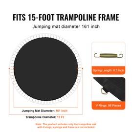 Happybuy Replacement Trampoline Mat, Jumping Mat Fits 15ft Frame, Universal Jumping Mat for 15ft Round Trampoline, Reinforce UV-Resistant Mat with Spring Tool & Durable V-Rings, Fit 6.5" Spring Length