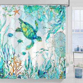 Kanuyee Turtle Shower Curtain Stained Glass Shower Curtain Blue Shower Curtains for Bathroom Ocean Shower Curtain Set with 12 Hooks SeaTurtles-01 72×72 Inches