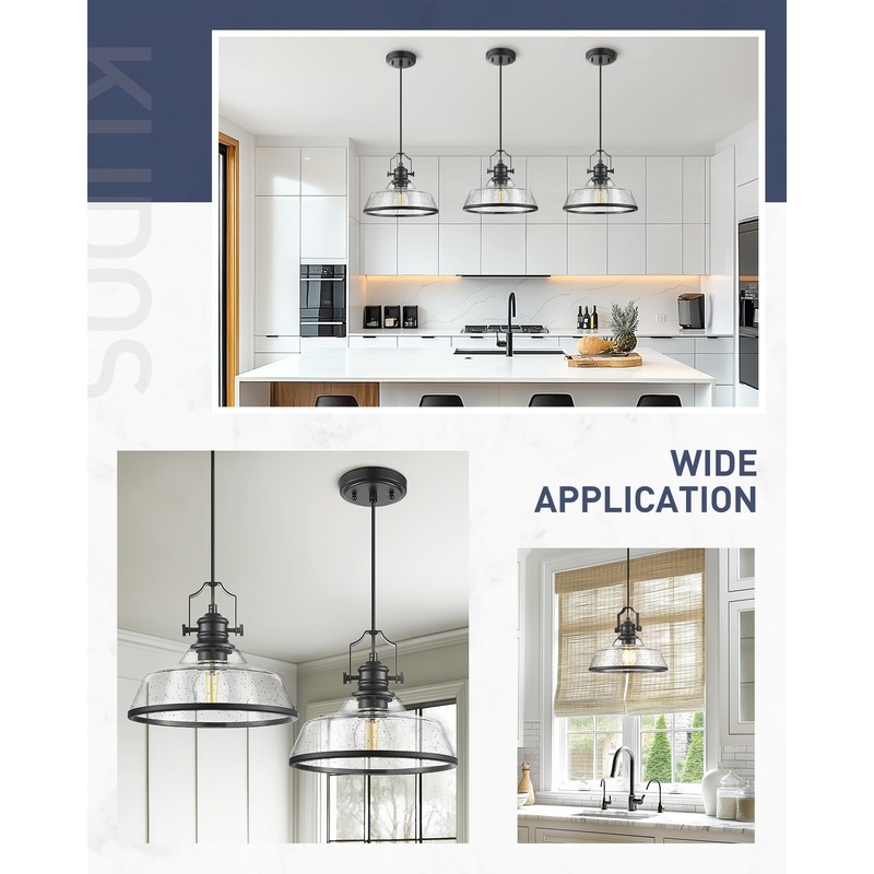 kudos Seeded Glass Pendant Light Kitchen Island, Adjustable Cord, Black