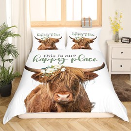 Highland Cow Gifts Bedding Set Farm Animal Cow Print Comforter Cover for Girls Toddler Boys Highland Cow Decor Duvet Cover,Animal and Flowers Bedding Set Single with 1 Pillowcase