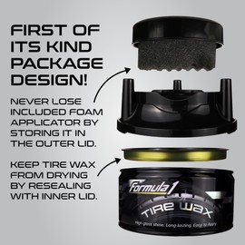 Formula 1 Tire Wax - Long Lasting Tire Gel for Black Glossy Tires, Water Resistant, Restores Plastic Trim, Foam Applicator Included, 10oz