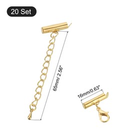 sourcing map 20Sets Slide on End Clasps with Lobster Claw Clasps & Extension Chain, 16mm Tube Slider Crimp Cord Ends for DIY Craft Making, Gold Tone