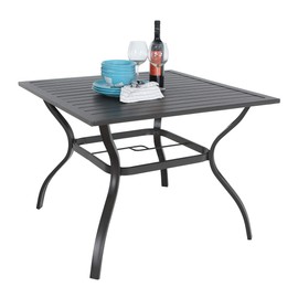 PHI VILLA 37" Patio Table for 4, Metal Outdoor Dining Table with E-Coating, Square Steel Slated Outdoor Table with 1.57" Umbrella Hole for Garden Backyard, Black