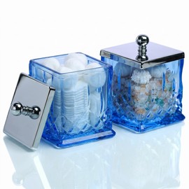 2 Pack 15Oz Blue Q-Tip Holder, Square Thick Glass