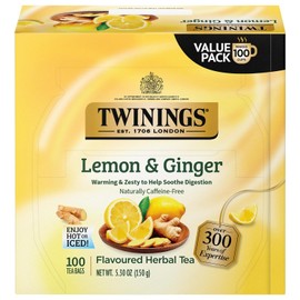 Twinings Lemon & Ginger Herbal Tea, 100 Individually Wrapped Bags (1 Pack) – A flavorful blend of tangy lemon and spicy ginger, naturally caffeine-free. Perfect for enjoying hot or iced. Packaging may vary
