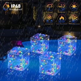 Glooglitter 4 Pcs 12” Solar Floating Pool Light Inflatable LED Square Solar Pool Light That Float Glow The Dark IP68 Waterproof Light Up Floating Light for Wedding Party Decor(Multicolor)