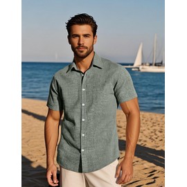PARKLEES Mens Wrinkle Free Short Sleeve Button Down Shirts Texture Linen Shirts Casual Vacation Beach Summer Tops OliveGreen XXX-Large