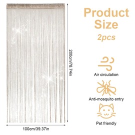 String Curtains Set, 100 x 200 cm Thread Curtain, Glitter, Champagne-Coloured Thread Curtain, Balcony Door, Fly Screen, Room Fringe Curtain, Suitable for Weddings, Cafés, Restaurants, Doors