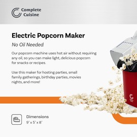 Complete Cuisine CC-PM1100 Popcorn Maker, Countertop Popcorn Machine, Hot-Air Popcorn Popper, Red