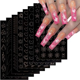 Star Moon Heart Butterfly Flame Flowers French Tip Nail Stickers & Decals, 8 Sheets Airbrush Nail Stencils for DIY Manicure Decoration