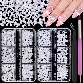 2 Boxes 3D Bow Nail Charms, White Mini Bow Charms Transparent/Solid Resin Bow with Pickup Tools for Women Nail Decorations DIY Craft